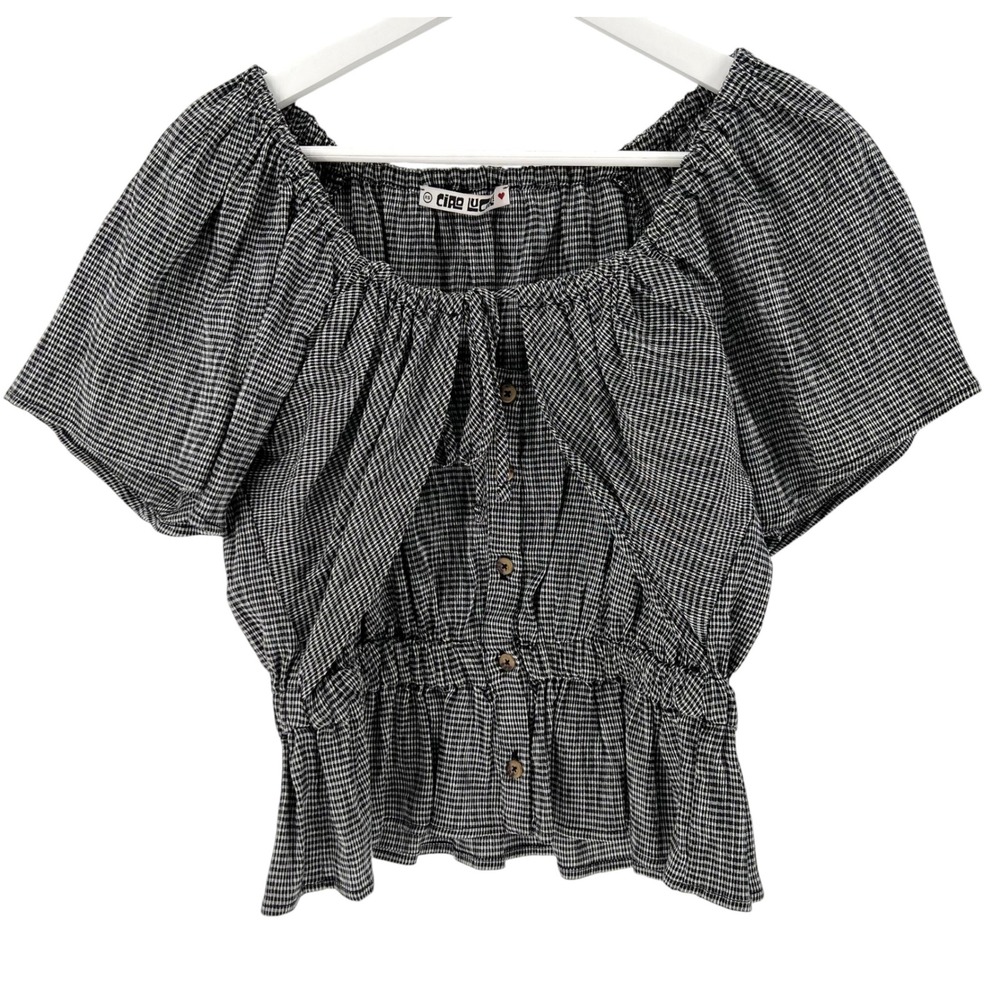 Ciao Lucia Top XS Black White Gingham Puff Sleeve Smocked Button Tie Front Boho